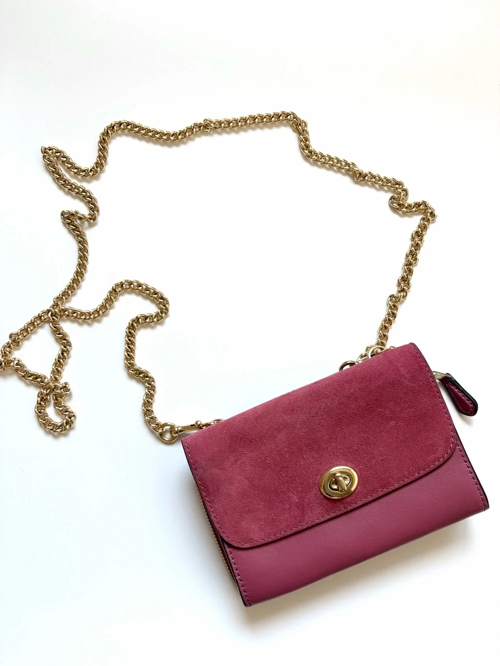 Coach Flap Phone Chain Crossbody Purse Bag Suede Leather Pink Gold RARE